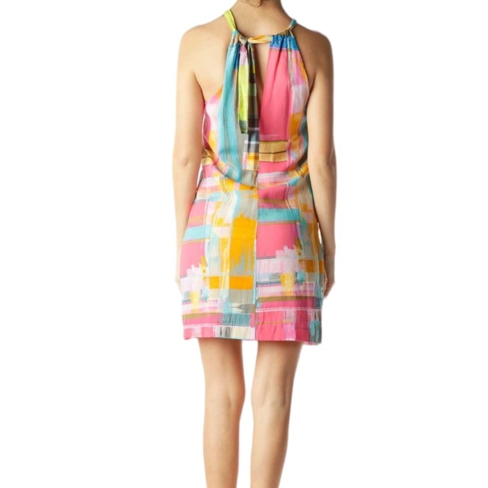 TRINA TURK SILK HALTER MULTI COLORED PINK BLUE SHIFT BEACHY SUN DRESS 6